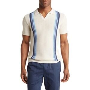 Marine Layer Conrad Vertical Stripe Sweater Polo Oatmeal Blue Stripe Mens Size M